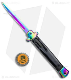 Mago 11" Italian Stiletto Bayonet OTF Auto Knife Black Acrylic (4.75" Rainbow) -Knife Promotional Store 11in Italian Stiletto OTF Auto Black Acrylic Rainbow Bolster Rainbow Bayo GX 38618 jr bottlecap