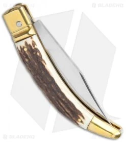 AGA Campolin Diana Lever Lock Automatic Brass Stag Horn (3.75" Satin) -Knife Promotional Store AGA Campolin Diana LL Auto Brass Stag Horn Satin BHQ 135442 jr side