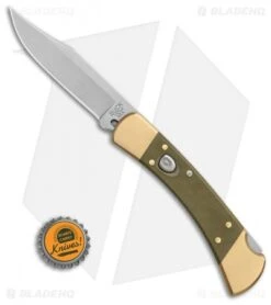 Buck Knives Buck 110 Automatic Knife OD Green Canvas Micarta/Brushed Brass (3.75" SW) -Knife Promotional Store Buck 110 Auto Brushed Micarta Brass BHQ 88783 er bottlecap
