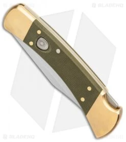 Buck Knives Buck 110 Automatic Knife OD Green Canvas Micarta/Brushed Brass (3.75" SW) -Knife Promotional Store Buck 110 Auto Brushed Micarta Brass BHQ 88783 er spine
