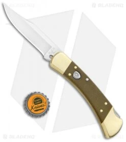 Buck Knives Buck 110 Automatic Knife OD Grn Micarta/Brushed Brass (3.75" S30V SW) Exclusive -Knife Promotional Store Buck 110 Auto OD Green Micarta Brushed Brass SW 0110GRSABHQ2 B BHQ 90211 jr bottlecap