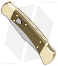 Buck Knives Buck 110 Automatic Knife OD Grn Micarta/Brushed Brass (3.75" S30V SW) Exclusive -Knife Promotional Store Buck 110 Auto OD Green Micarta Brushed Brass SW 0110GRSABHQ2 B BHQ 90211 jr spine