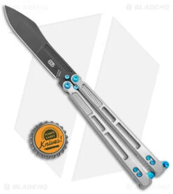 EOS Trident Balisong Butterfly Knife Satin Titanium W/ Blue (4.5" Black S30V) -Knife Promotional Store EOS Trident Satin Blue black BHQ 135853 jr bottlecap