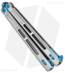 EOS Trident Balisong Butterfly Knife Satin Titanium W/ Blue (4.5" Black S30V) -Knife Promotional Store EOS Trident Satin Blue black BHQ 135853 jr side