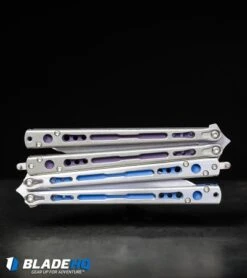 Hom Design Chimera Plus Balisong Knife Satin Ti/Blue G-10 (4.75 Two-Tone) -Knife Promotional Store Hom Design Chimera Balisong Knife Tumbled Ti Purple G 10 SW BHQ 100560 kp steel web