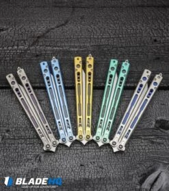 Hom Design Chimera Plus Balisong Knife Satin Ti/Blue G-10 (4.75 Two-Tone) -Knife Promotional Store Hom Design Chimera Premium Balisong Knife Gold Ti CF Satin BHQ 100558 kp burnt wood web