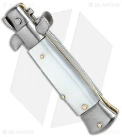 SKM 4.5" Italian Mini Stiletto Automatic Knife White Acrylic (2" Satin Kris) -Knife Promotional Store SKM 4.5in Stiletto White Acrylic Kriss BHQ 52385 jr side