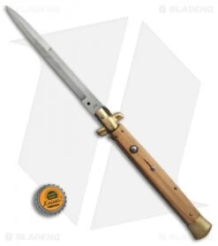 SKM AB 13" Italian Stiletto Automatic Knife Olive Wood Brass (5.7" Satin Bayo) -Knife Promotional Store SKM AB 13in italian stiletto olive wood brass bayonet BP 22699 er bottlecap