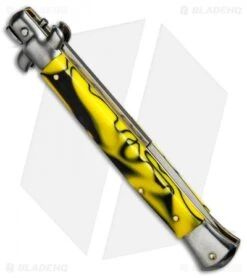 SKM AB 11" Italian Stiletto Automatic Knife Killer Bee (5" Satin Bayonet) -Knife Promotional Store SKM Stiletto 11in Yellow Swirl Bayo BP 2960 jr side