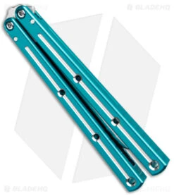 DoneSquid Industries Krake Raken V2.5 Bowie Balisong Knife Dual-Tone Teal (4.5") -Knife Promotional Store Squid Industries Krake Raken V2.5 Bowie Balisong Teal Dual Tone Satin BHQ 139551 jr side