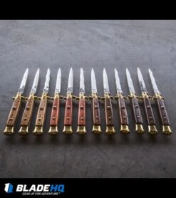 SKM AB 9" Italian Stiletto Automatic Knife Brass/Olive Wood (3.8" Satin Kriss) -Knife Promotional Store skm ab wood stiletto variety concrete dl